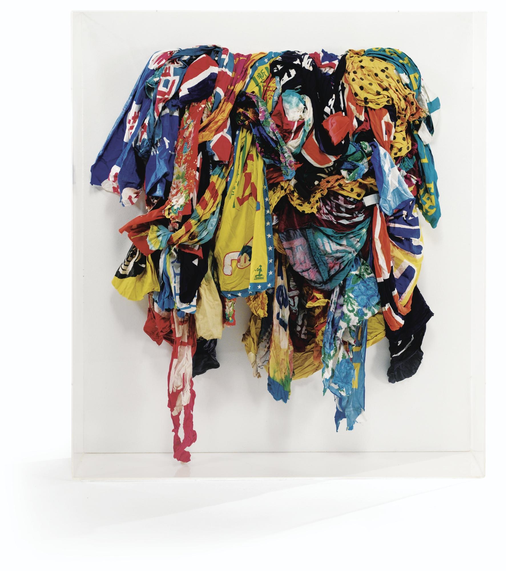 Gérard Deschamps - Super Japman Signed, Titled And Dated 1962 On The Back; Fabrics Mounted On Canvas In A Plexiglass Box