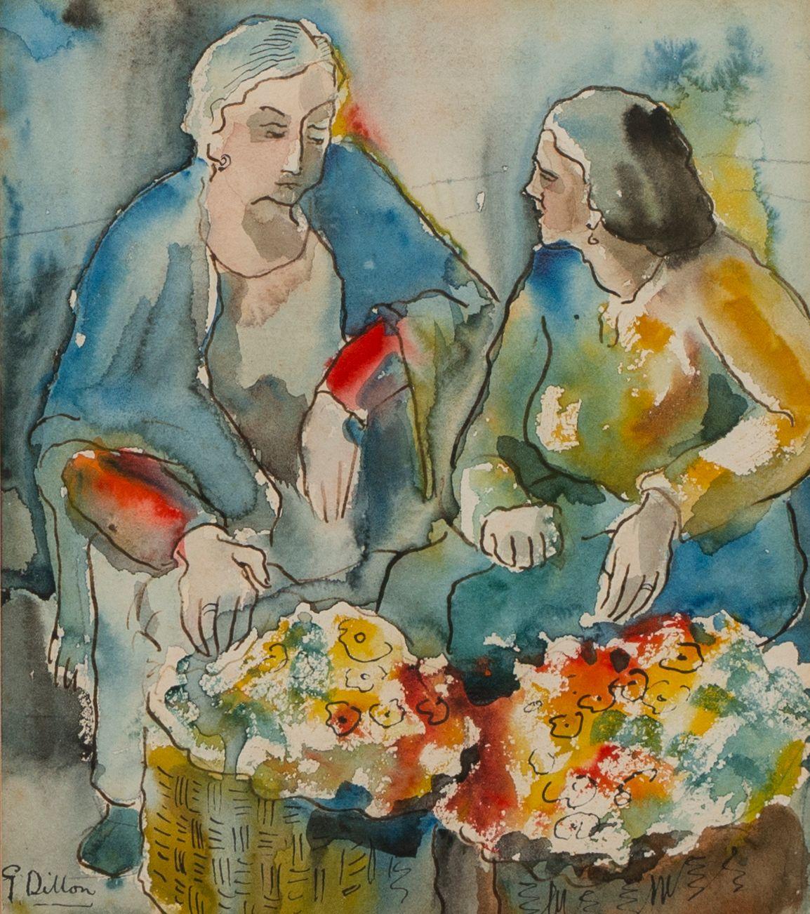 Gerard Dillon - Flower Sellers 22.6 x 20.1 cm. (8 7/8 x 7 7/8 in.)