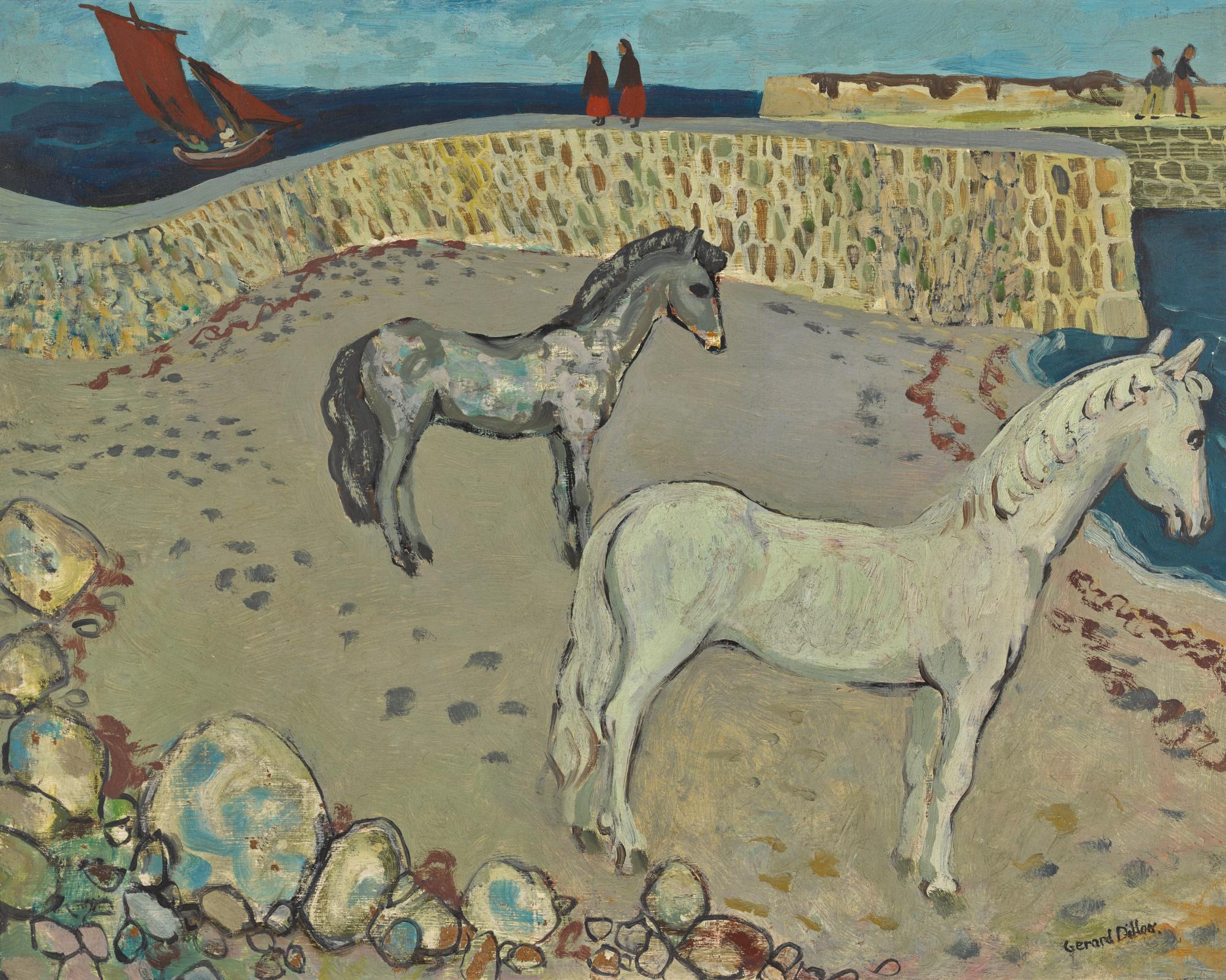 Gerard Dillon - Horses At The Harbour Wall