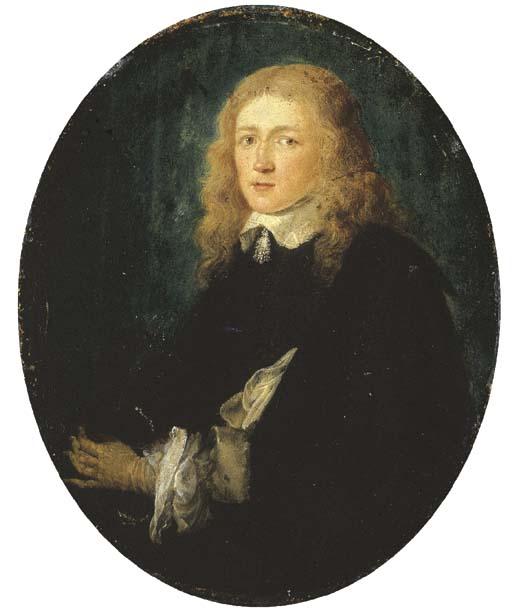 Gerard Dou - Portrait of Dirck van Beresteyn (1627-1653), three-quarter-length, in a velvet-lined black mantle and yellow gloves, holding a black hat with a feather