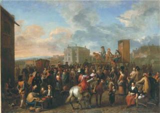 Gerard Hoet I - A Market Scene With A Commedia Dell\'Arte Performance