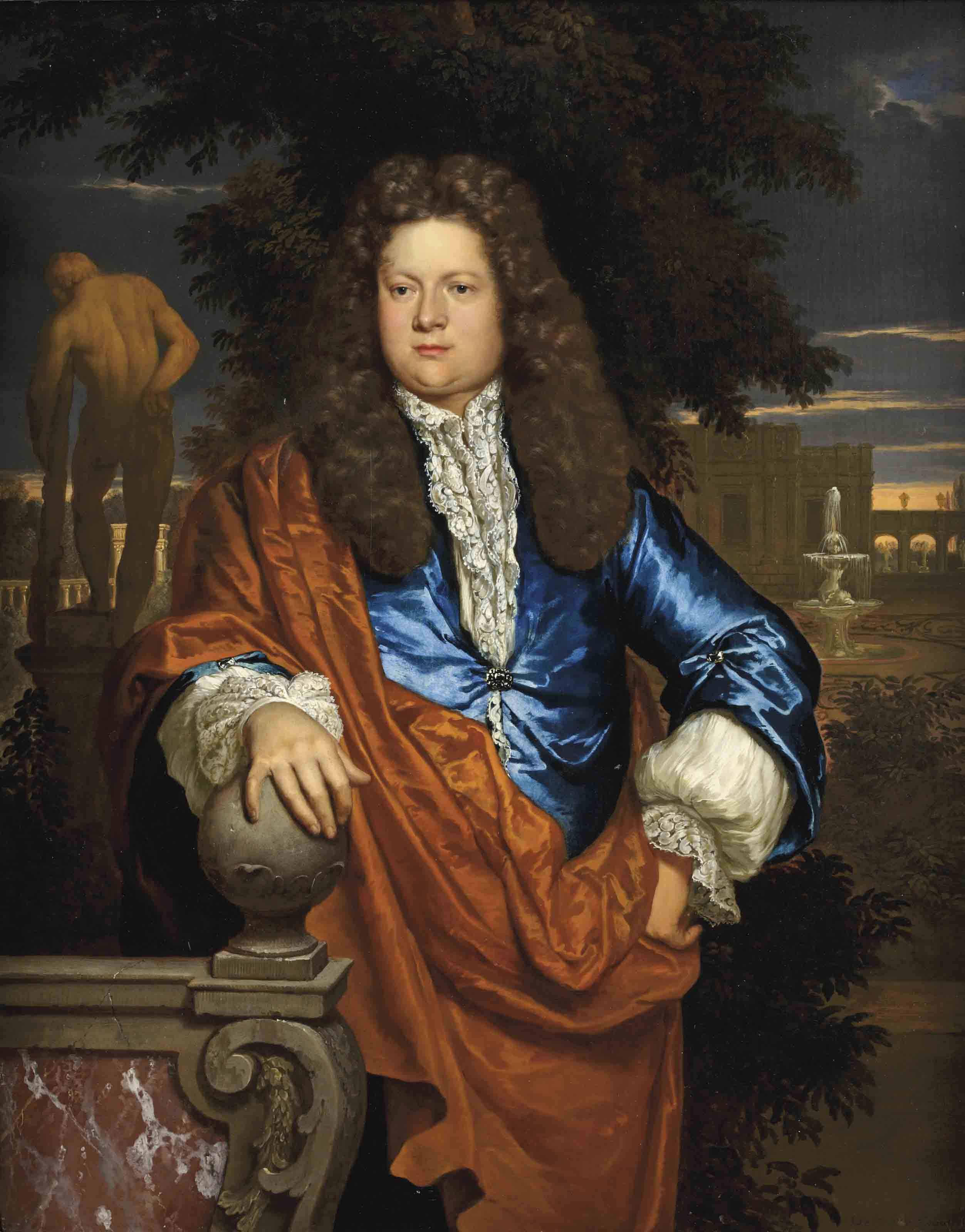Gerard Hoet I - Portrait of a gentleman, three-quarter-length, in a blue velvet jacket with an ochre wrap, standing in a park landscape with the statue of the Farnese Hercules beyond