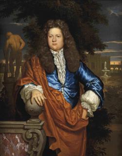 Gerard Hoet I - Portrait of a gentleman, three-quarter-length, in a blue velvet jacket with an ochre wrap, standing in a park landscape with the statue of the Farnese Hercules beyond