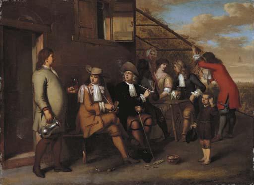 Gerard Hoet II - Elegant Company Smoking And Drinking Outside An Inn