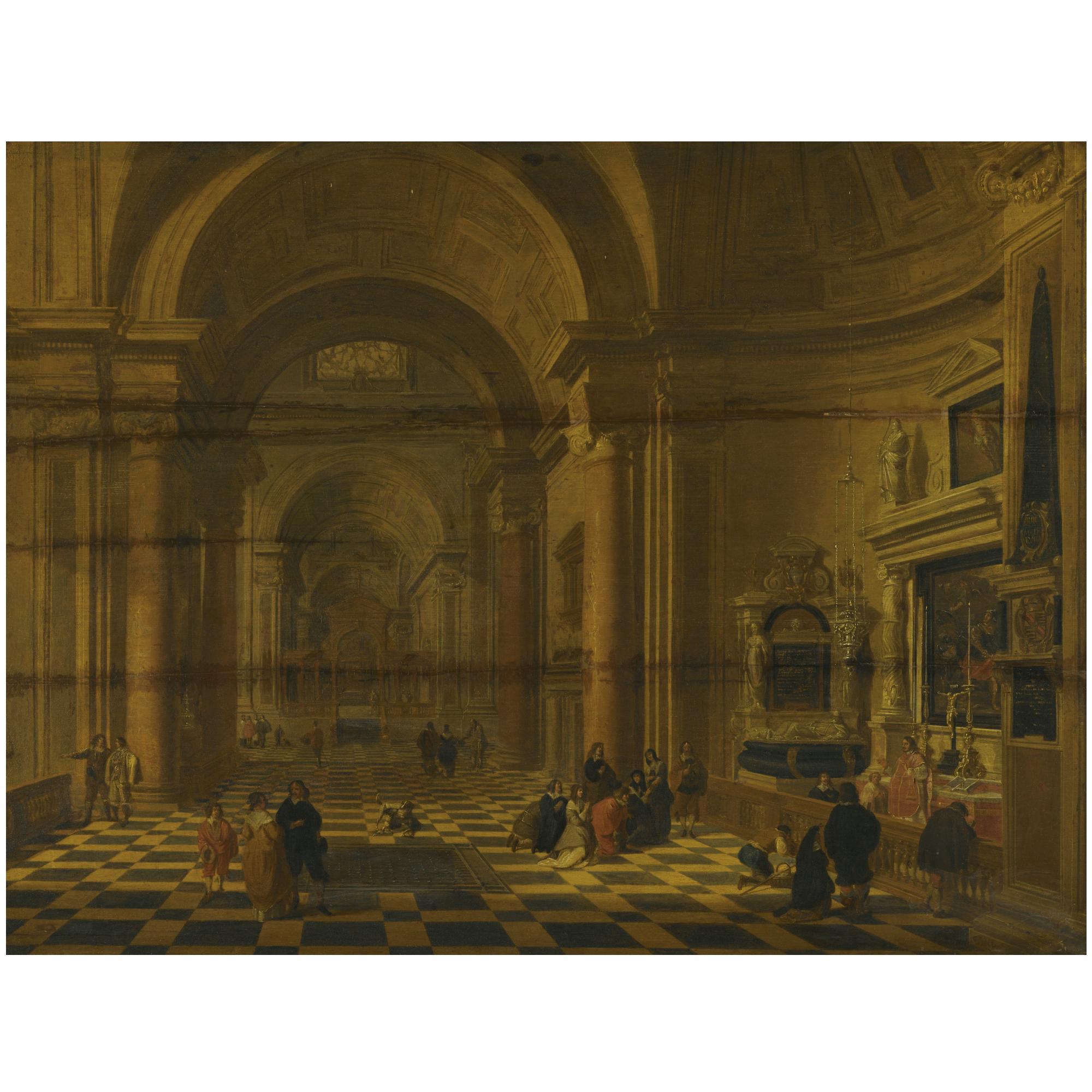 Gerard Houckgeest - A Church Interior With Figures Praying By A Chapel In The Foreground