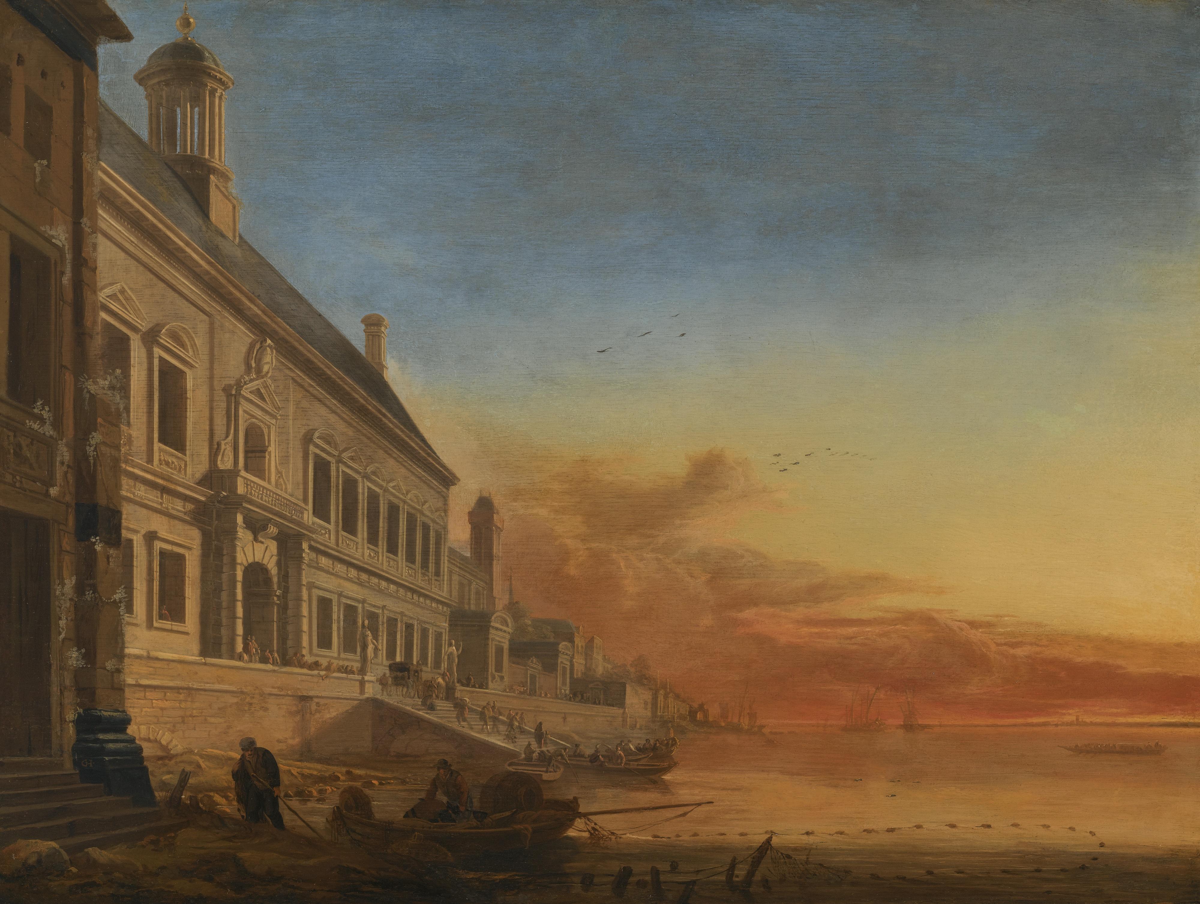 Gerard Houckgeest - A Coastal Architectural Capriccio At Sunset