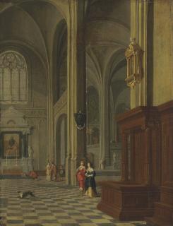 Gerard Houckgeest - A gothic church interior with elegant figures