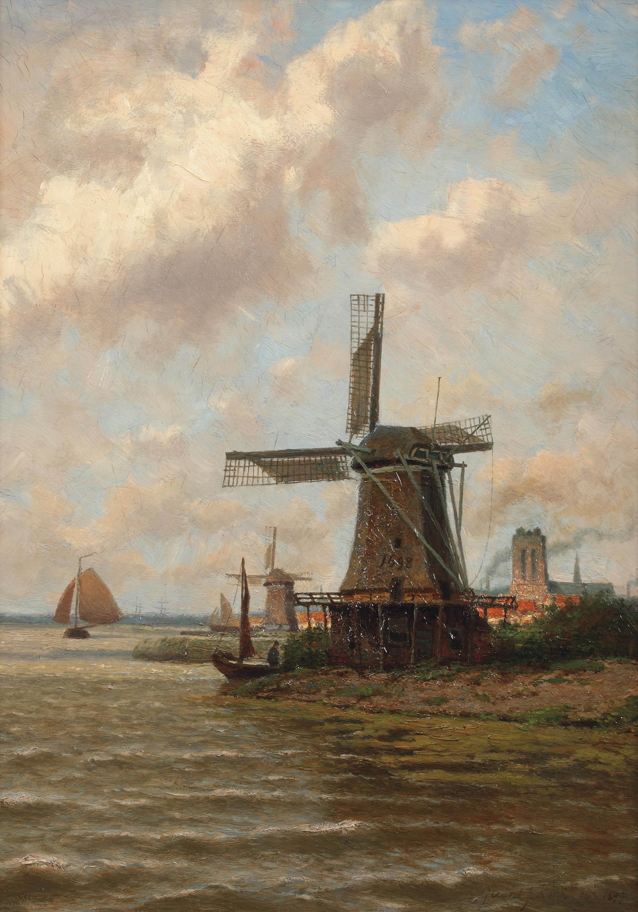 Gerard Koekkoek - A view of Dordrecht with windmill \'De Eendragt\'