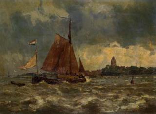 Gerard Koekkoek - Holländischer Segler vor der Stadt