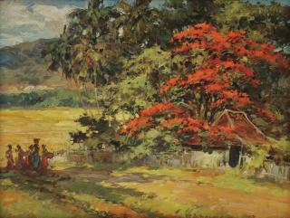 Gerard Pieter Adolfs - Kampong Met Flamboyant En Personages (Villagers Under The Flamboyant Tree)