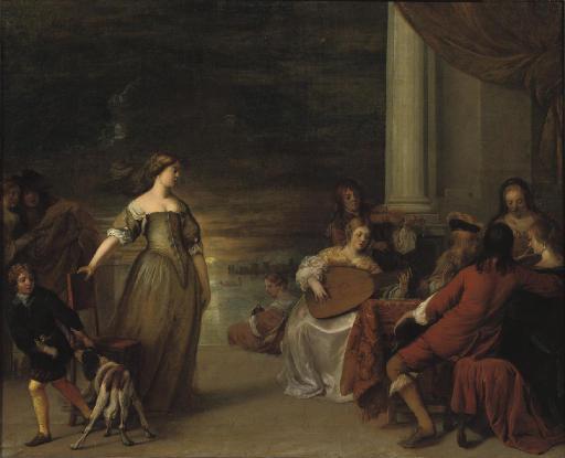 Gerard Pietersz. Van Zijl - Elegant company making music on a terrace with a sunset in the distance