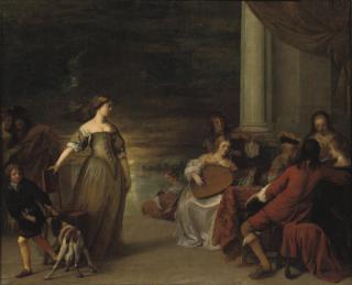 Gerard Pietersz. Van Zijl - Elegant company making music on a terrace with a sunset in the distance