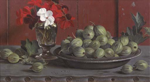 Gerard Röling - A still life with gooseberries and flowers in a glass on a ledge