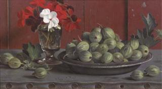 Gerard Röling - A still life with gooseberries and flowers in a glass on a ledge