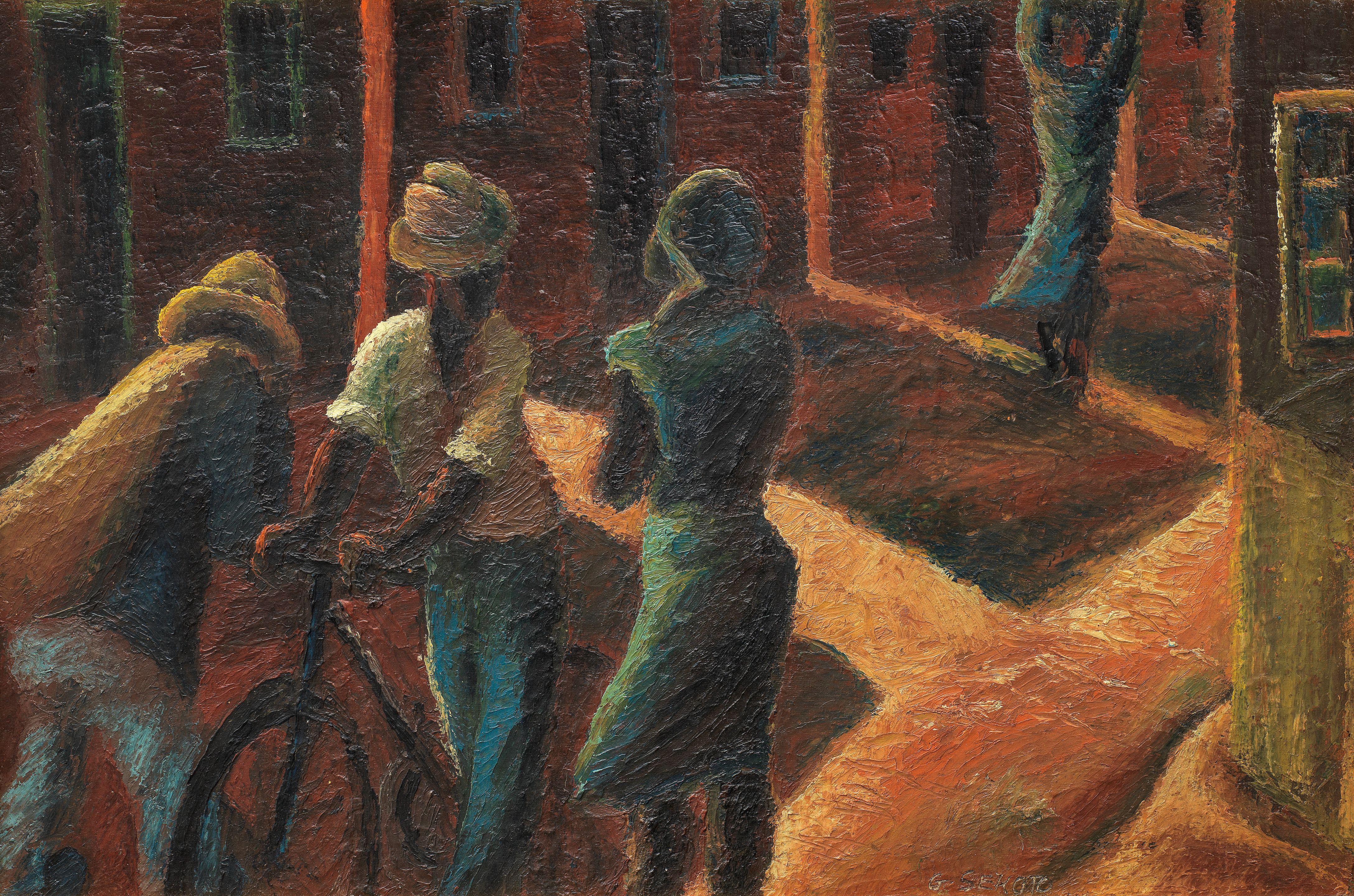 Gerard Sekoto - Three figures with bicycle. Sophiatown, circa 1940-42
