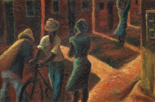 Gerard Sekoto - Three figures with bicycle. Sophiatown, circa 1940-42