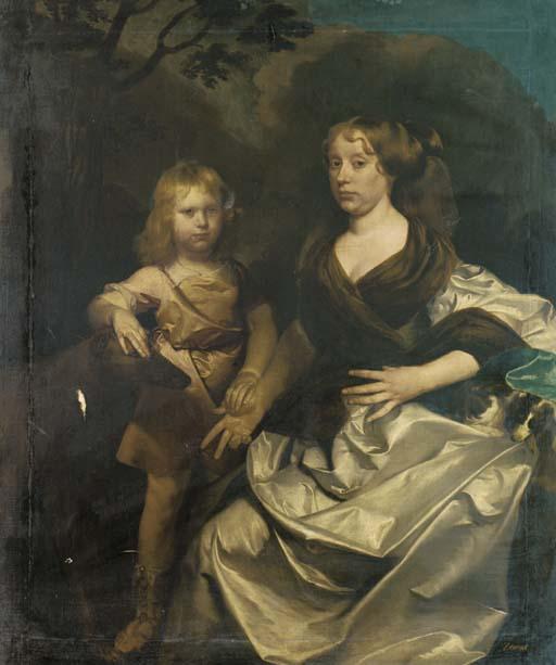 Gerard Soest - Double portrait of a lady and her son, full-length, the lady seated, in a silver dress with a brown wrap, the boy in an orange tunic, his right hand resting on the head of a hound, in a landscape