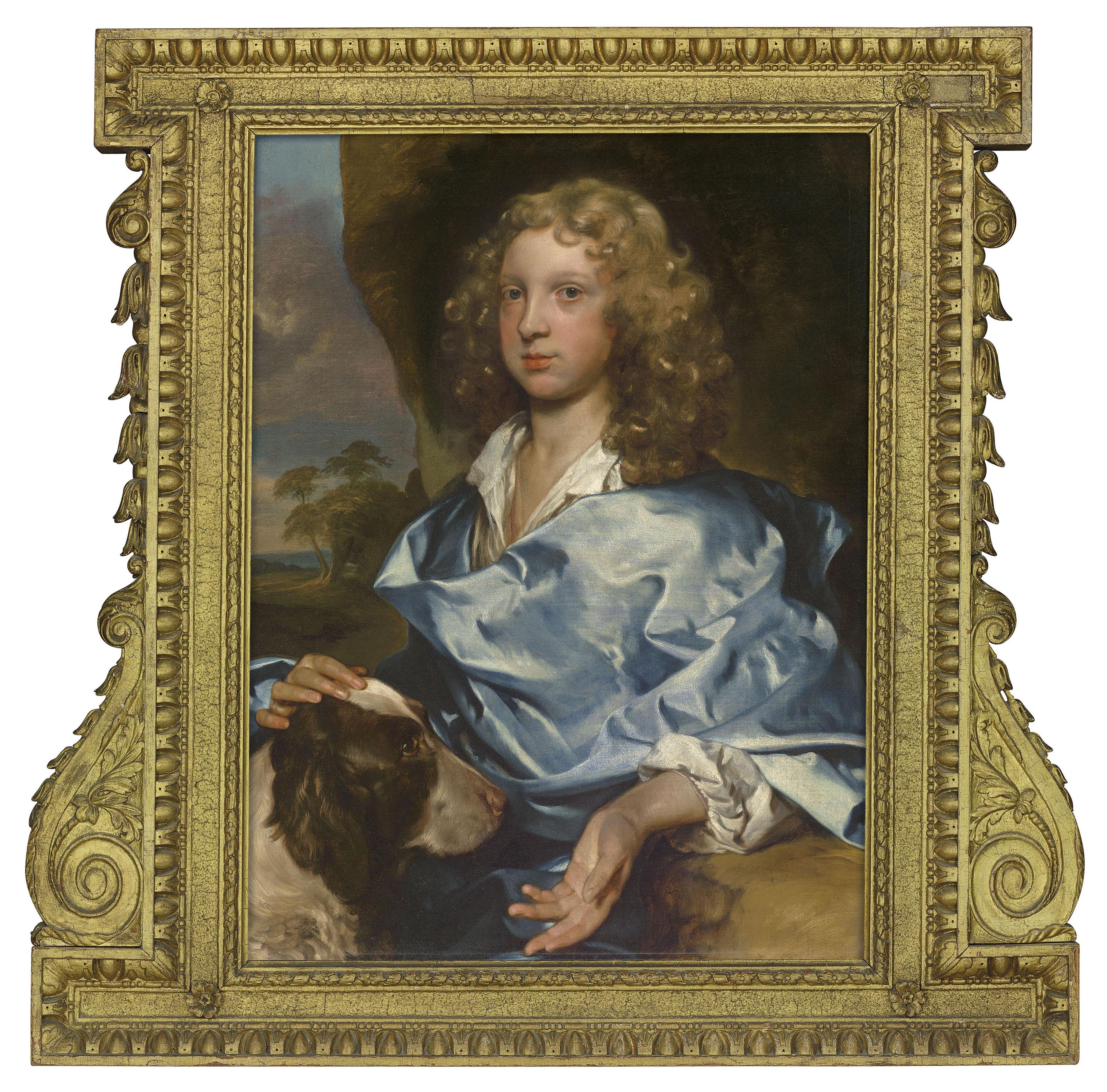 Gerard Soest - Portrait of a boy from the Ashley-Cooper family, half-length, wearing a blue wrap and a white shirt with a dog in a landscape