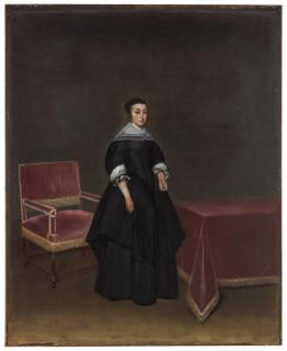 Gerard Ter Borch The Younger - Portrait of Hermanna van der Cruysse (1615-1705), full-length, in a black dress with a white collar and cuffs, standing by a table and a cushioned armchair