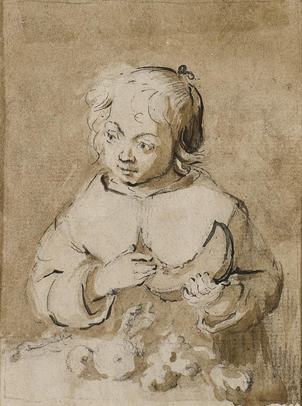 Gerard Terborch - A little girl at a table holding a slice of melon