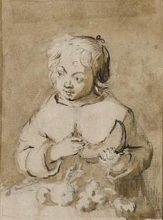 Gerard Terborch - A little girl at a table holding a slice of melon