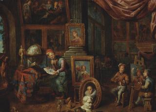 Gerard Thomas - The artist\'s studio, with the master holding a drawing by a table, a pupil portraying a musician, and other pupils in the background