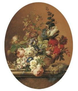 Gerard Van Spaendonck - A tulip, primroses, forget-me-not, roses, delphinium, buttercup, poppies, morning glory and other flowers in a basket with a dunnock\'s nest on a stone ledge