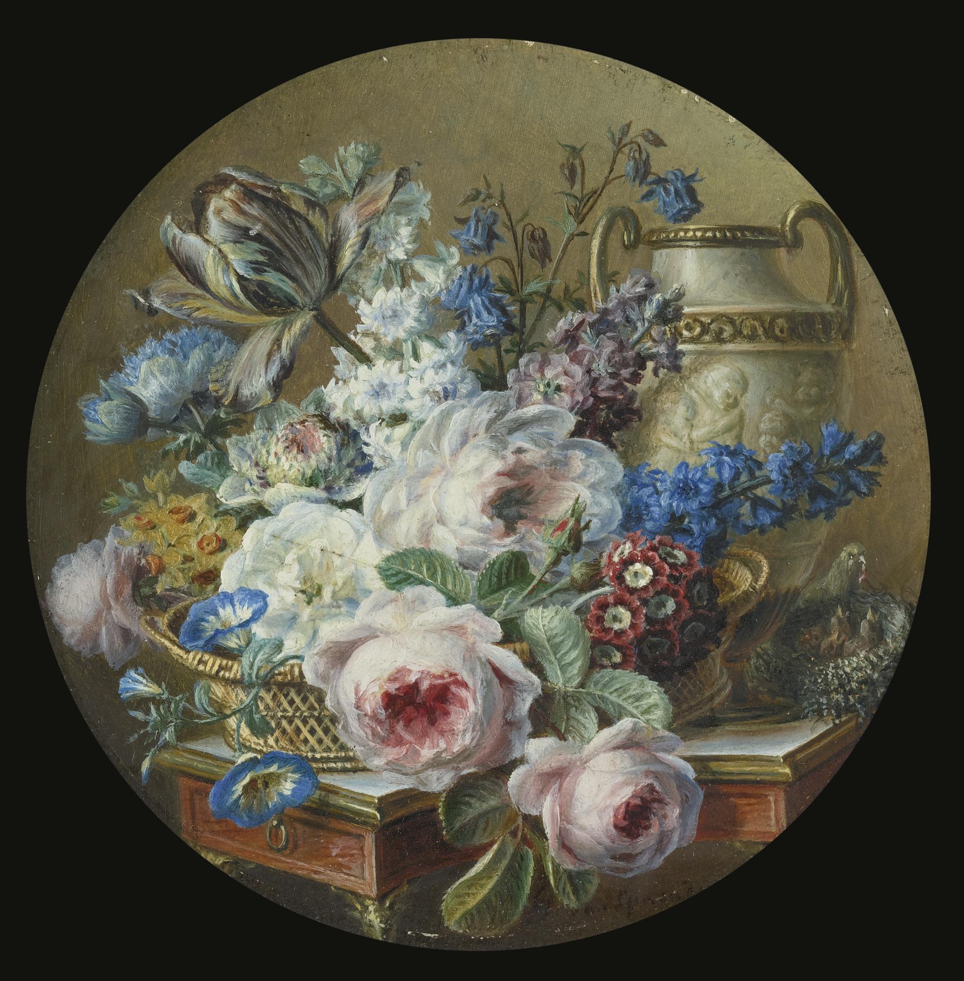 Gerard Van Spaendonck - Miniature Still Life With Flowers In A Stone Vase On A Carved Pedestal, With A Basket Of Flowers And A Nest