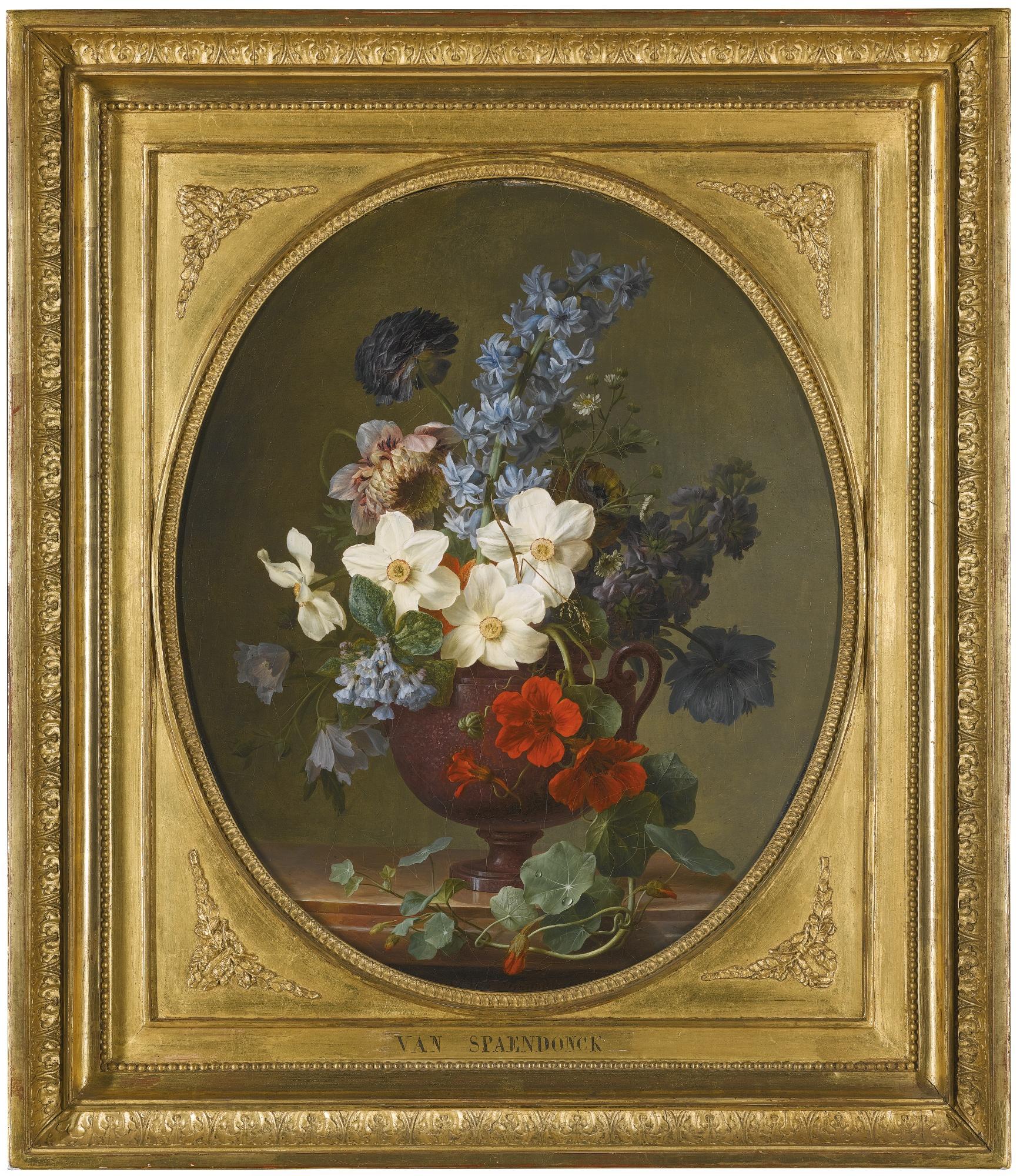 Gerard Van Spaendonck - Still Life Of Roses, Hyacinth, Wallflower And Other Flowers In A Lapis Lazuli Vase; Still Life Of Narcissus, Hyacinth And Other Flowers In A Brown Porphyry Vase