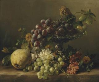 Gerardina Jacoba van de Sande Bakhuyzen - A quince, dandelions, daisies, dahlia\'s, and a plateau with grapes, all on a ledge