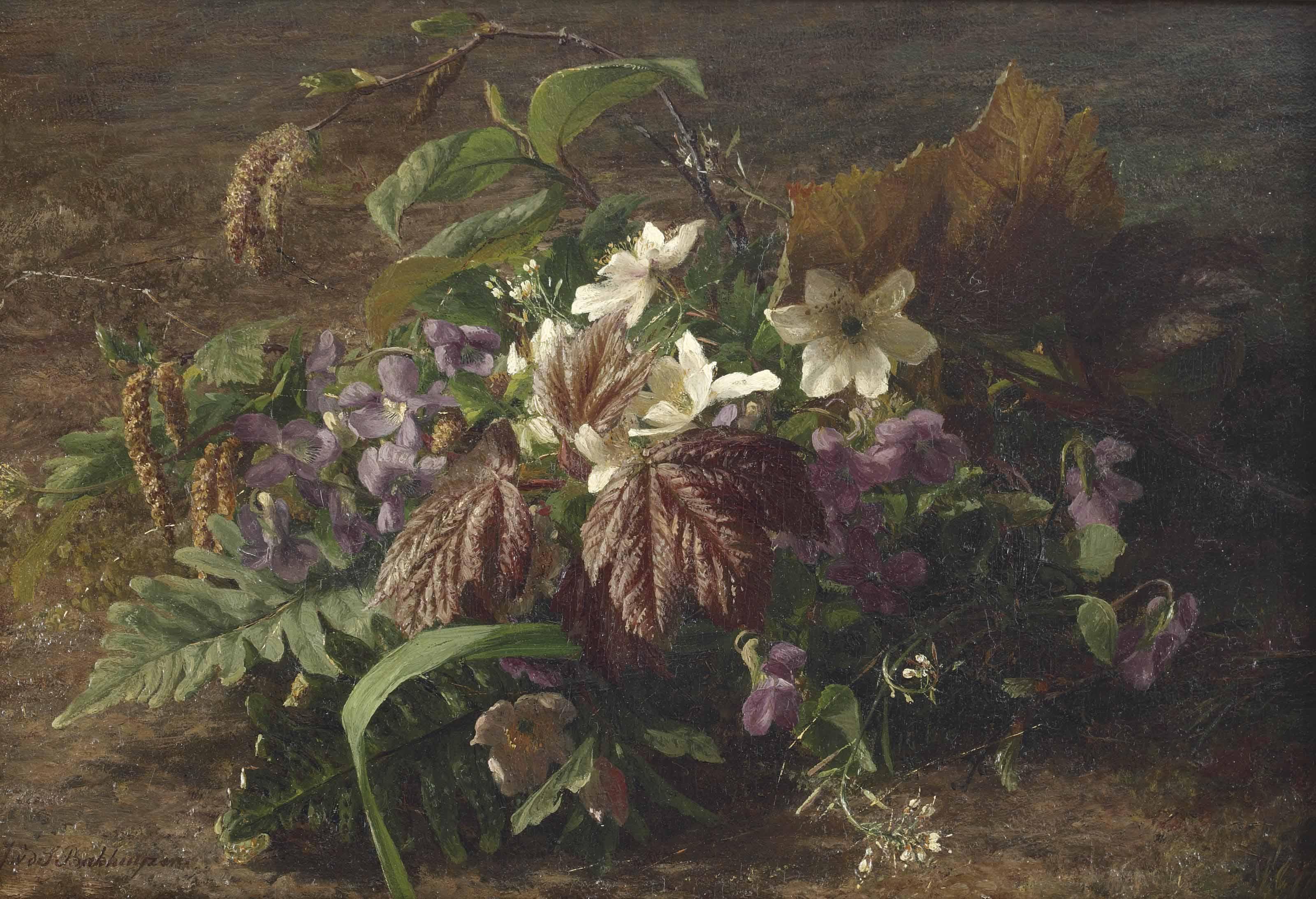 Gerardina Jacoba Van De Sande Bakhuyzen - An autumn bouquet with violets on a forest floor