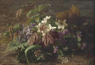 Gerardina Jacoba Van De Sande Bakhuyzen - An autumn bouquet with violets on a forest floor