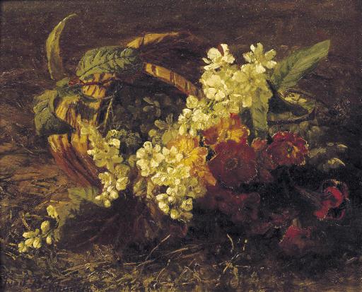 Gerardina Jacoba Van De Sande Bakhuyzen - Cherryblossem and primroses in a basket
