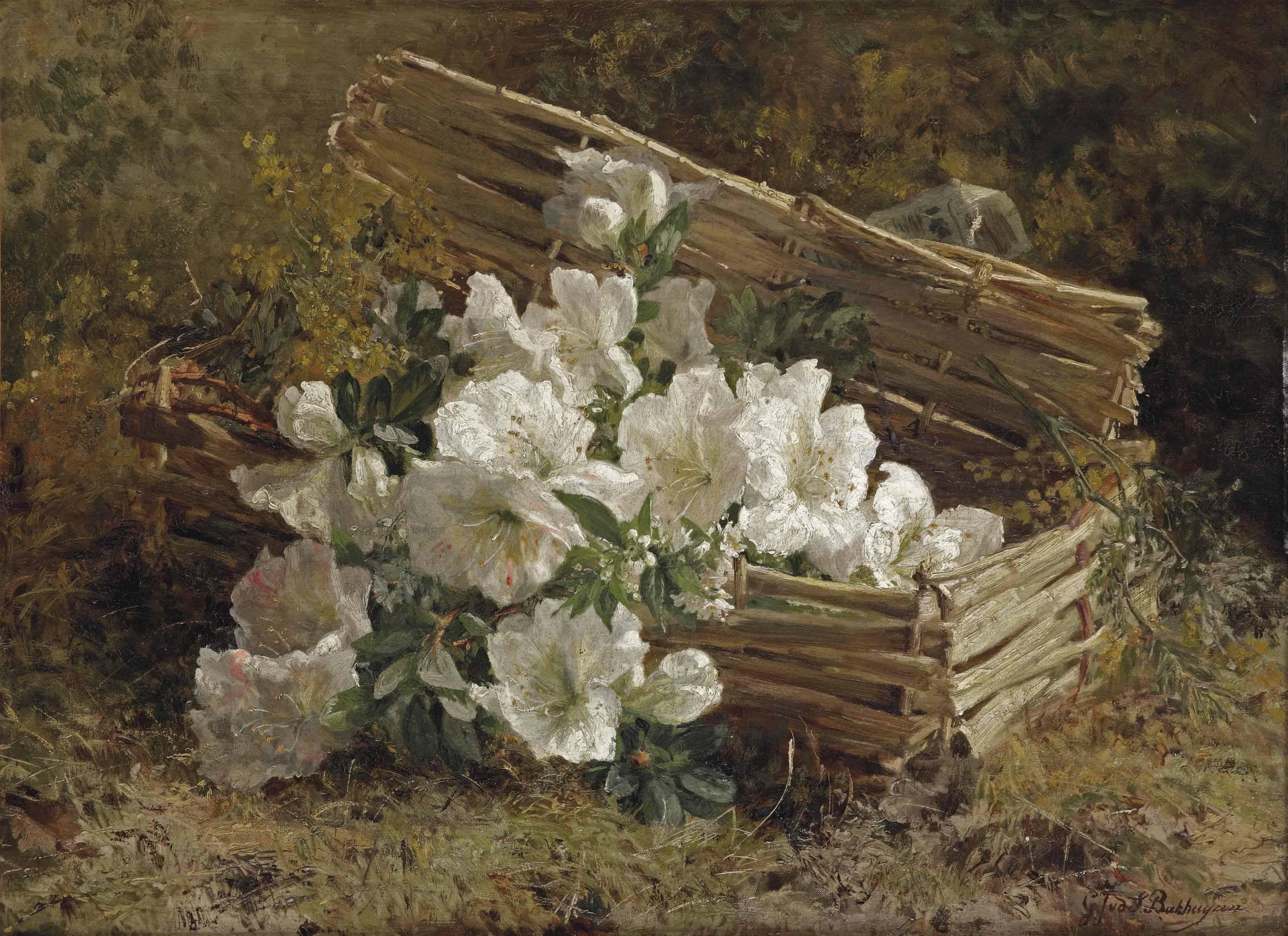 Gerardina Jacoba van de Sande Bakhuyzen - White azaleas and mimosas in a wicker basket on a forest floor