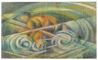 Gerardo Dottori - Ciclistasigned And Dated 14, Pastels On Panel