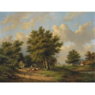 Gerardus Hendriks - A Summer Landscape With A Shepherdess On A Country Road