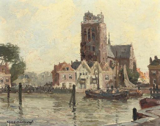 Gerardus Johannes Delfgaauw - A summer\'s day with the Grote Kerk beyond, Dordrecht
