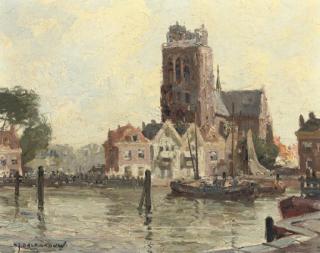 Gerardus Johannes Delfgaauw - A summer\'s day with the Grote Kerk beyond, Dordrecht