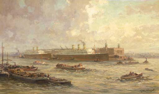 Gerardus Johannes Delfgaauw - A view of the Maas, Rotterdam, the former HAL office beyond