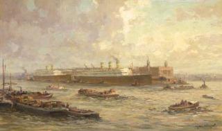 Gerardus Johannes Delfgaauw - A view of the Maas, Rotterdam, the former HAL office beyond