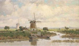 Gerardus Johannes Delfgaauw - Bij Voorschoten: windmills in a polder landscape