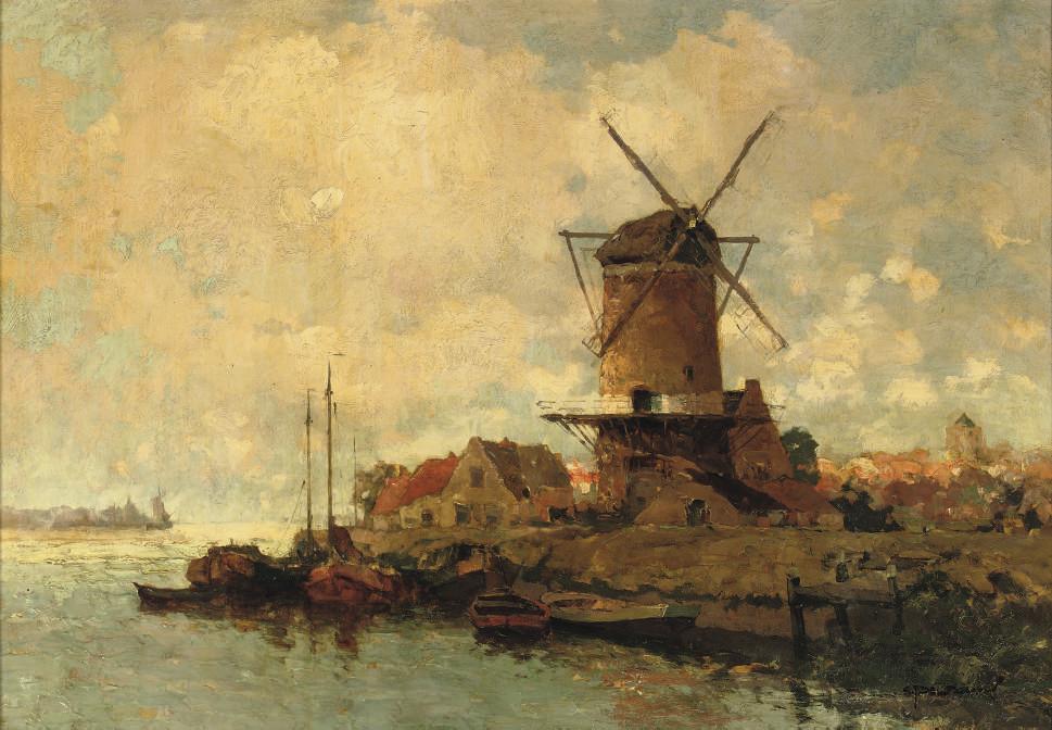 Gerardus Johannes Delfgaauw - Langs de Merwede: a windmill on the bank of the river Merwede