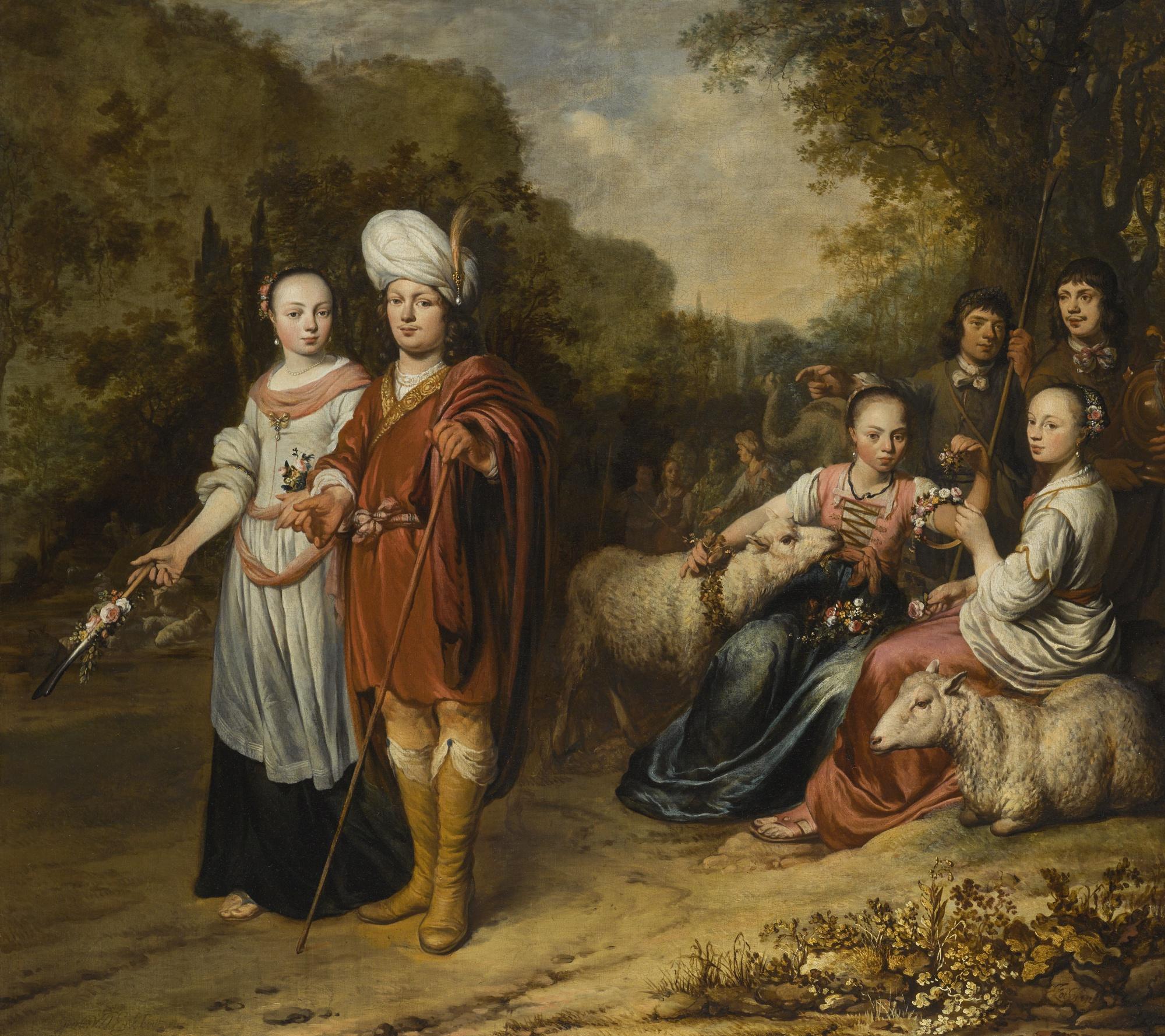 Gerbrand Van Den Eeckhout - A Family Portrait, With Mother And Father In The Guise Of Jacob And Rachel