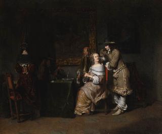 Gerbrand van den Eeckhout - Elegant company playing cards in an interior, with a half-draped painting of Venus and Cupid and a portrait of a lady on the wall