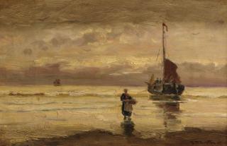 Gerhard Arij Ludwig Morgenstjerne Munthe - A beached bomschuit at sunset