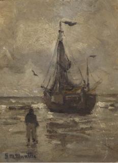 Gerhard Arij Ludwig Morgenstjerne Munthe - A bomschuit on the beach on a grey day