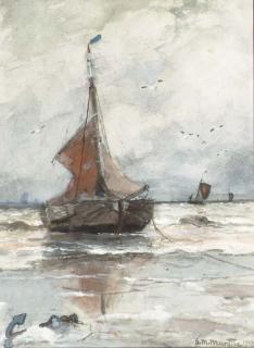 Gerhard Arij Ludwig Morgenstjerne Munthe - Bomschuit anchored in the surf, Katwijk