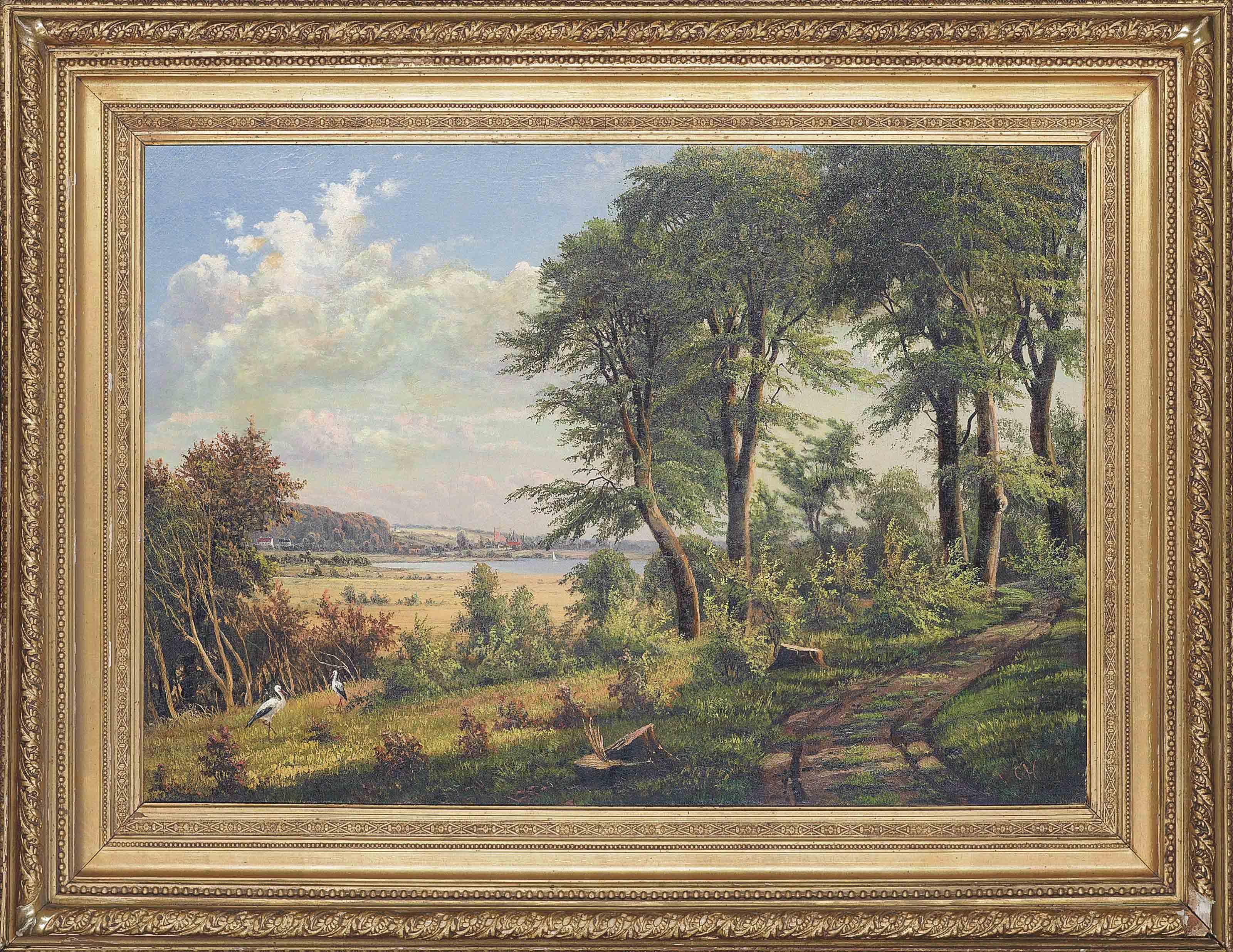 Gerhard Heilmann - Two storks by a lake on a summer\'s day