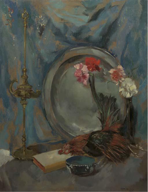 Germ De Jong - A still life with an oil lamp, flowers, a plate and a rooster