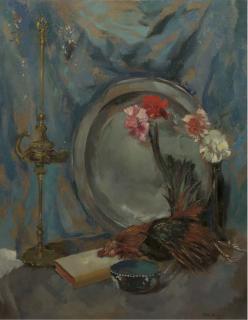 Germ De Jong - A still life with an oil lamp, flowers, a plate and a rooster